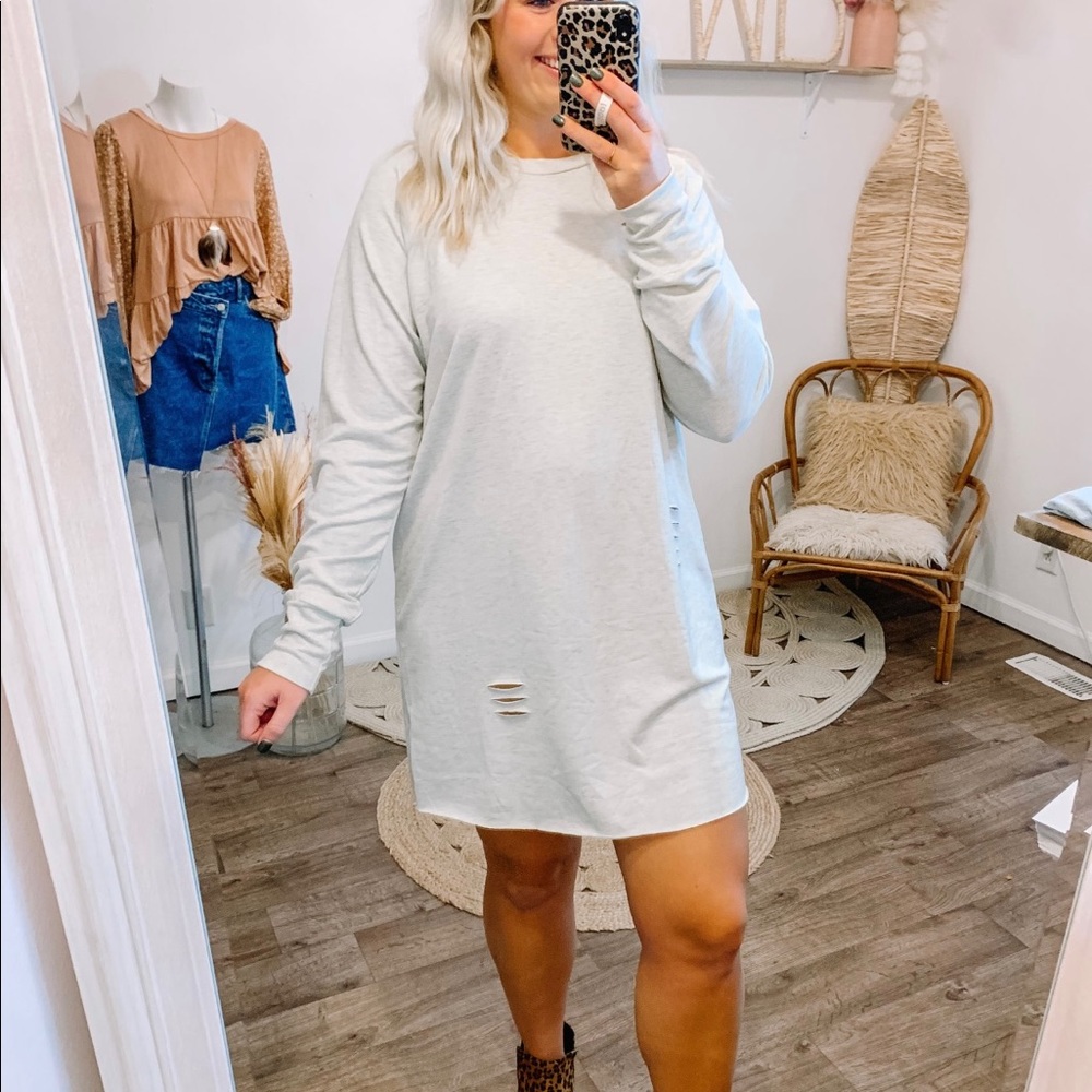 Long-sleeve distressed sweater dress